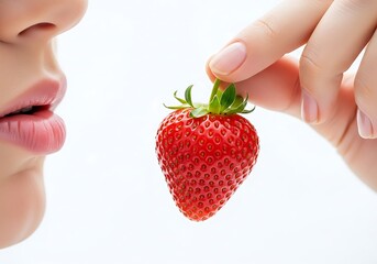 Sensual Close-up of a Woman Preparing to Taste a Juicy Red Strawberry.