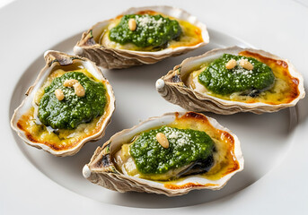 Delicious baked oysters with green sauce and pine nuts