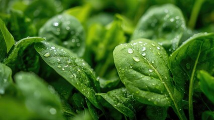 Obraz premium Fresh spinach leaves with water droplets. Concept Fresh spinach leaves, Water droplets on greens, Green leafy vegetables, Close-up texture of leaves, Healthy ingredient photography