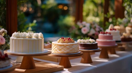 An eye-catching dessert table at the wedding party includes a mix of traditional wedding cakes and modern dessert options, designed to cater to diverse tastes and create a memorable sweet