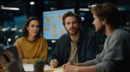 A bustling workspace captures the essence of a branding agency meeting where professionals brainstorm ideas on whiteboards, discussing brand strategy and design elements essential for effective