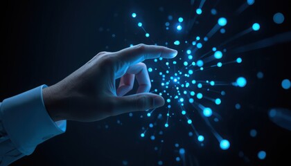 hand pushing button on a touch screen interface, A hand in a white shirt sleeve interacting with a cluster of blue dots in a dark background