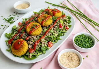 Savory Golden Veggie Patties Served on Fresh Quinoa and Arugula Salad.