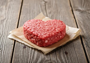 Fresh Heart Shaped Raw Ground Beef Patty on Rustic Wood Surface.