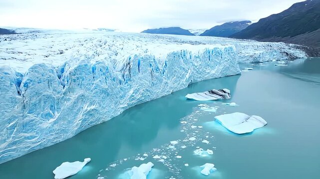 Majestic glacier calving into serene turquoise water with floating icebergs under a vast sky.
