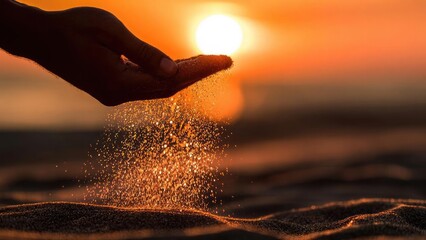A hand releasing golden sand on a beach at sunset, with an orange sun low on the horizon. Concept Hand releasing golden sand at sunset on a beach