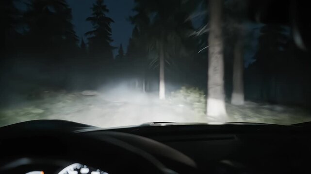 POV dashboard view driving through dense misty pine forest at night with headlights illuminating thick fog on offroad path