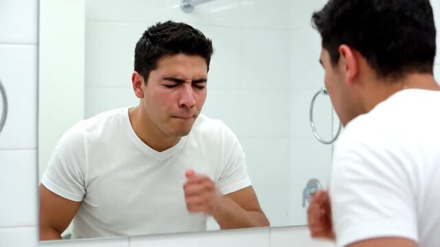 A distressed young man struggles through his morning routine. He confronts a mirror, nursing a severe headache, coughing, and succumbing to nausea, forcing him to lean over the sink, clearly unwell o