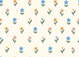 Hand drawn Flower pattern, floral seamless pattern, cottagecore ditsy tile print, gentle meadow flower on light background. Small flower, design for fashion, texture, fabric, wallpaper