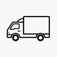 Fototapeta premium Black and white line icon of a delivery truck or box truck, representing logistics and transportation, on a white background