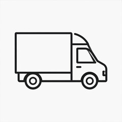 Simple black outline icon of a delivery truck or box truck, signifying transportation and logistics, on a white background