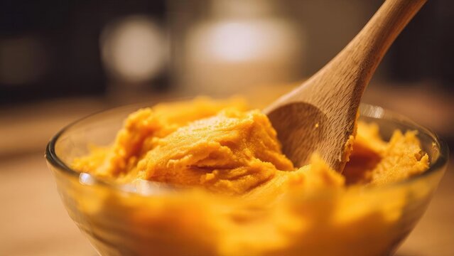 Orange pumpkin puree in a glass bowl being scooped with a wooden spoon. Concept Pumpkin Puree, Glass Bowl, Wooden Spoon, Autumn Cooking, Cozy Kitchen