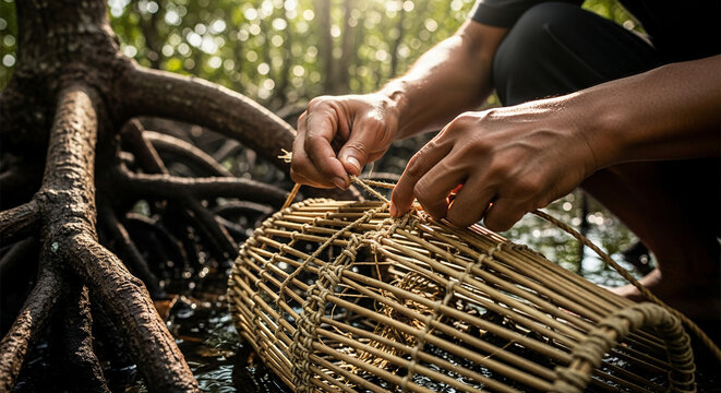 Fisherman Setting Traditional Bamboo Fish Trap Among Mangrove Roots