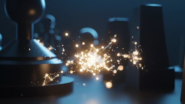 Close-up of glowing golden sparks flying between black geometric shapes on a dark background with a cinematic lighting effect.