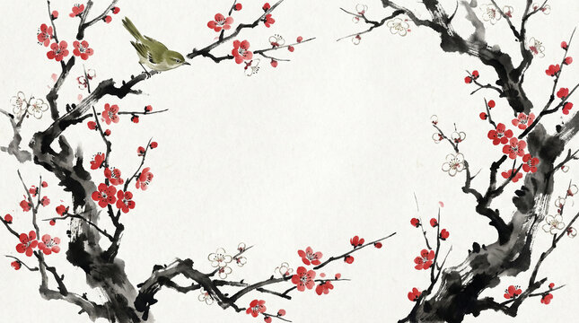 梅の木とウグイスの水墨画風フレーム