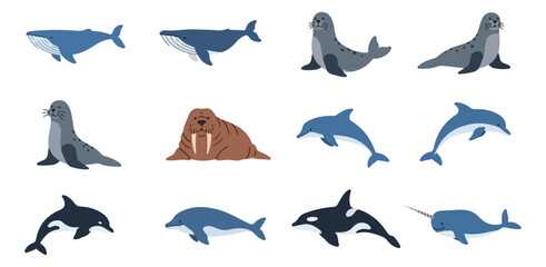 Obraz premium Marine mammals collection pixel art style on black background