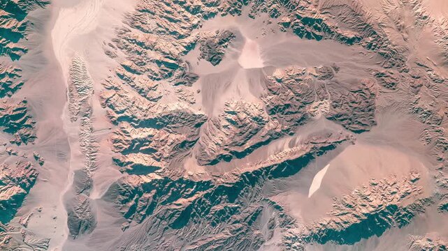 Panoramic shot on sandy mountains with prints of erosion in desert. Camera is moving forward. Animation based on image by NASA