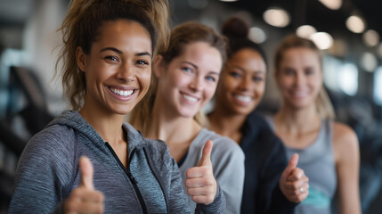 Obraz premium Group of smiling women in gym giving thumbs up, encouragement and support display, fitness motivation scene, teamwork and healthy lifestyle, workout partner support, wellness