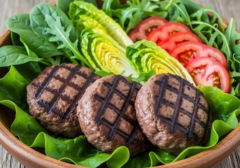 Delicious charbroiled beef patties served alongside fresh garden greens and tomatoes.