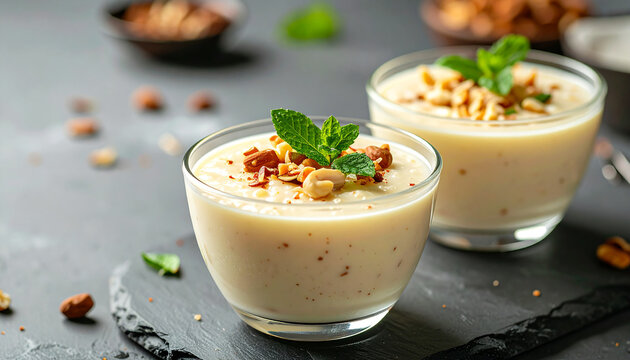 Creamy Semiya Payasam in glass bowls with nuts and mint garnish, tasty dessert, appetizing and luxurious