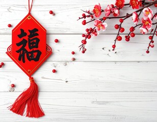 Chinese New Year Decoration with Red Tassel and Blossoms.
