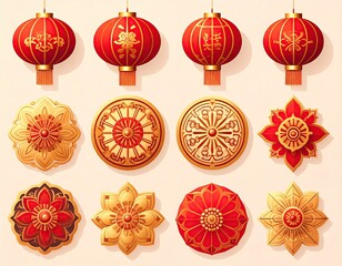 Traditional Red Chinese Lanterns and Decorative Ornaments.