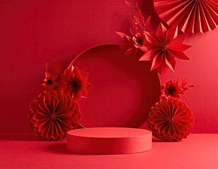 Red Minimalist Display Podium with Floral Decorations.