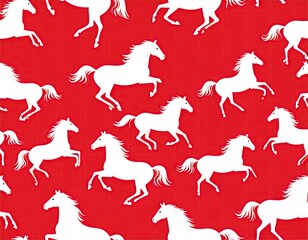 Seamless Pattern of White Horses on Red Background.