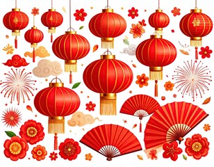 Traditional Red Chinese Lanterns Fans and Flowers Decoration.
