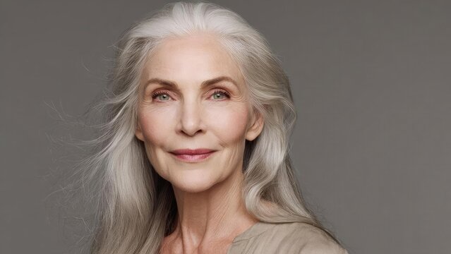 Portrait of an older woman with long silver hair and a gentle smile against a gray backdrop. Concept Senior portrait, Long silver hair, Gentle smile, Gray backdrop, Classic studio lighting