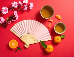 Traditional Asian Fan with Tea and Tangerines on Red Background.
