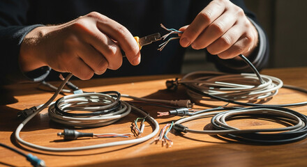 Technician Hands Stripping Electrical Wires for Repair