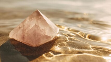 Pink rose quartz crystal carved into a small pyramid resting on a reflective gold-toned surface. Concept Pink rose quartz, Crystal pyramid, Reflective gold surface, Still-life photography