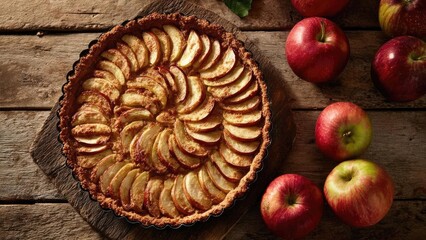Apple tart with thinly sliced apples arranged in a circular spiral on a golden crust. Concept Apple Tart, Thinly Sliced Apples, Circular Spiral, Golden Crust, Baked Dessert
