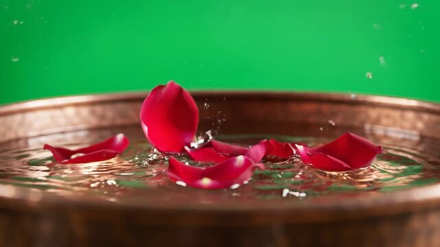 A close-up shot of a single red rose petal dropping into a copper bowl filled with water and scattered petals against a vibrant ramadhan green screen background.