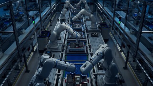 3D Animation: Assembly Line with Autonomous Industrial Robot Arms at Lights out Smart Factory. Robotic Arms on Production Line with Automated Manufacturing Processes