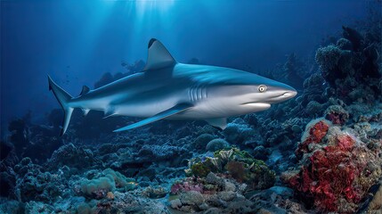 Blacktip reef shark gliding over vibrant coral reef in tropical ocean waters