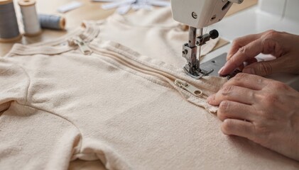 Medium shot of a lightweight cotton sleepsuit being skillfully sewn focusing on the twoway zipper design and detailed stitching to ensure easy dressing and breathability.