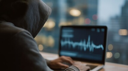 Fototapeta premium Close-up of a monitor showing stylized malware waveform graphics and exfiltration routes while a hooded silhouette plans the next move, server lights and network switches providing textured