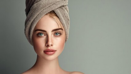 Portrait of a woman with a towel wrapped around her head, minimal makeup, blue eyes, and bare shoulders against a gray-green background. Concept Towel-wrapped head portrait, Minimal makeup