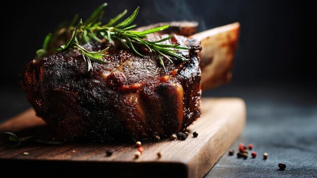 A thick bone-in beef rib roast with a dark crust, garnished with rosemary on a wooden board, with peppercorns scattered nearby. Concept Thick bone-in beef rib roast, Dark crust, Rosemary garnish
