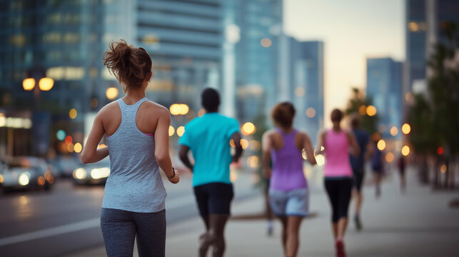 Group of healthy lifestyle friends running around city, urban fitness activity, outdoor group exercise, active social workout, city street jogging, wellness together, faceless