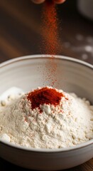 Sprinkling Bright Red Spice Powder onto White Flour in a Rustic Bowl