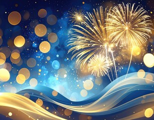 Golden Fireworks Celebration With Blue Abstract Background.