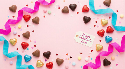 カラフルなハートのチョコレートとリボンのバレンタインフレーム