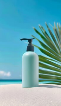 Sunscreen Lotion Bottle on Tropical Beach with Palm Leaf
