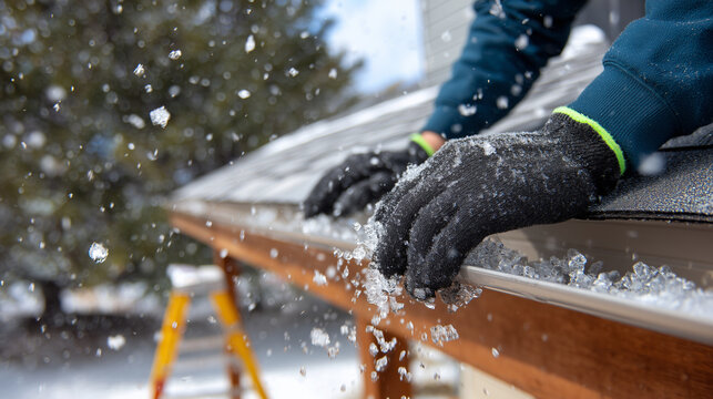 Side perspective of a homeowner&acirc;s gloved hands removing ice buildup from a gutter, snowflakes falling softly, ladder partially visible, frosted roof edges, natural winter light, re