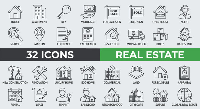 Real estate line icon set with thirty two symbols for property and housing