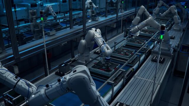 3D Animation: Robot Arms on Assembly Line with Fully Automated Manufacturing Processes. Concept: Lights out Production Line with Autonomous Industrial Robotic Arms on a Smart Dark Factory. 