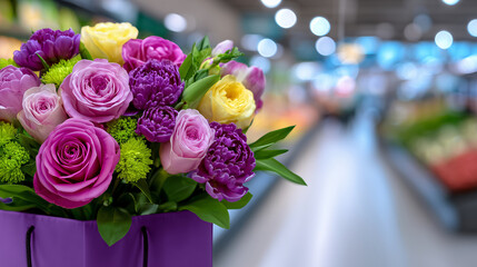 Obraz premium Fresh floral bouquet with rich textures and colors emerging from a purple shopping bag, soft-focus supermarket aisle behind, inviting and cheerful mood, commercial concept of every
